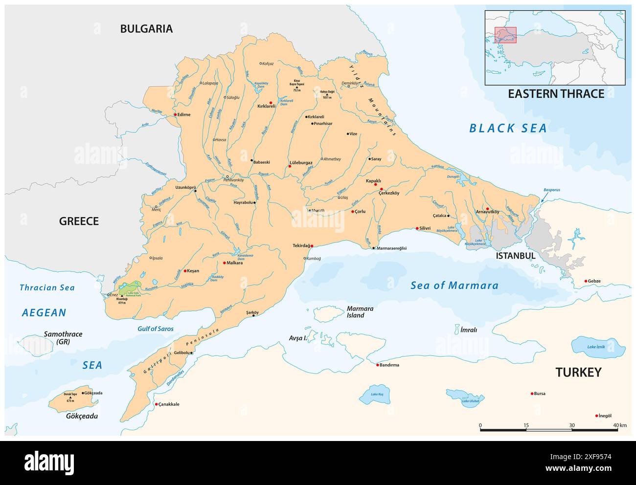 Mappa vettoriale della parte europea di Türkiye, Tracia orientale Foto Stock