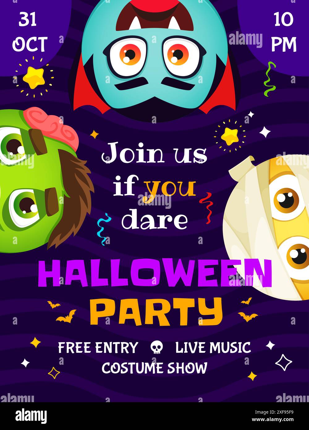 Volantino per la festa di Halloween con volti emoji a fumetti. Poster vettoriale con Dracula, zombie e mummie personaggi creano l'atmosfera per una notte di momenti terribilmente belli. Unisciti a noi se hai il coraggio di fare un bash spettrale Illustrazione Vettoriale