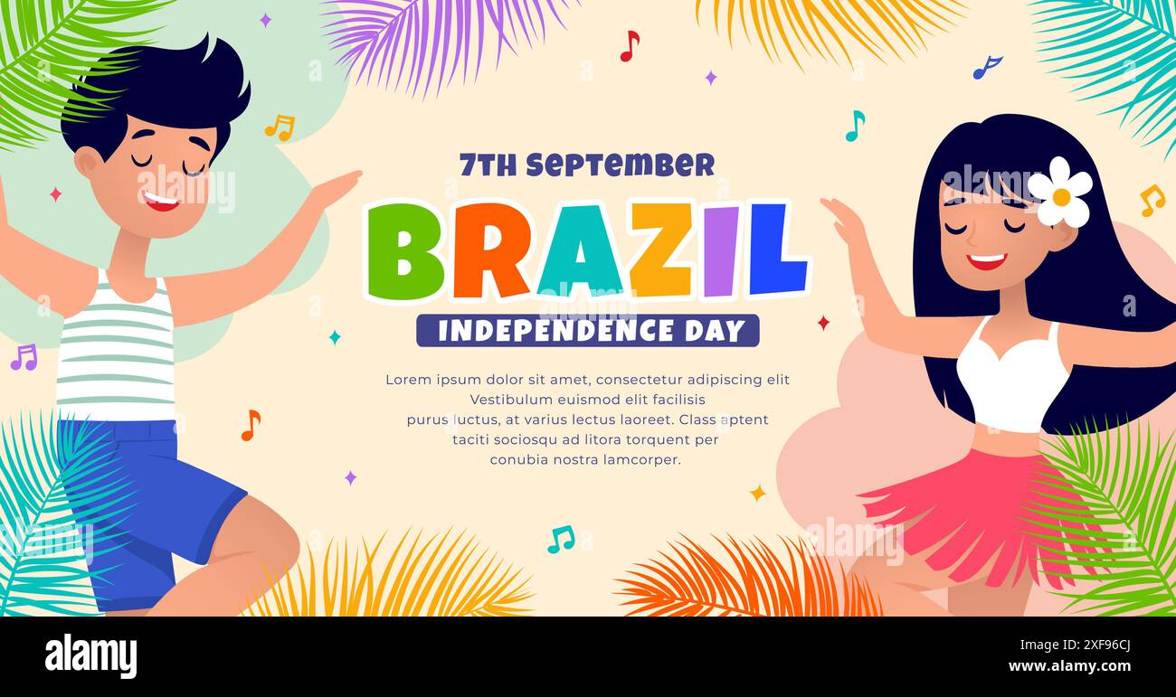 Brasile Independence Day Banner, un paio di bambini che ballano samba con disegno vettoriale piatto Illustrazione Vettoriale
