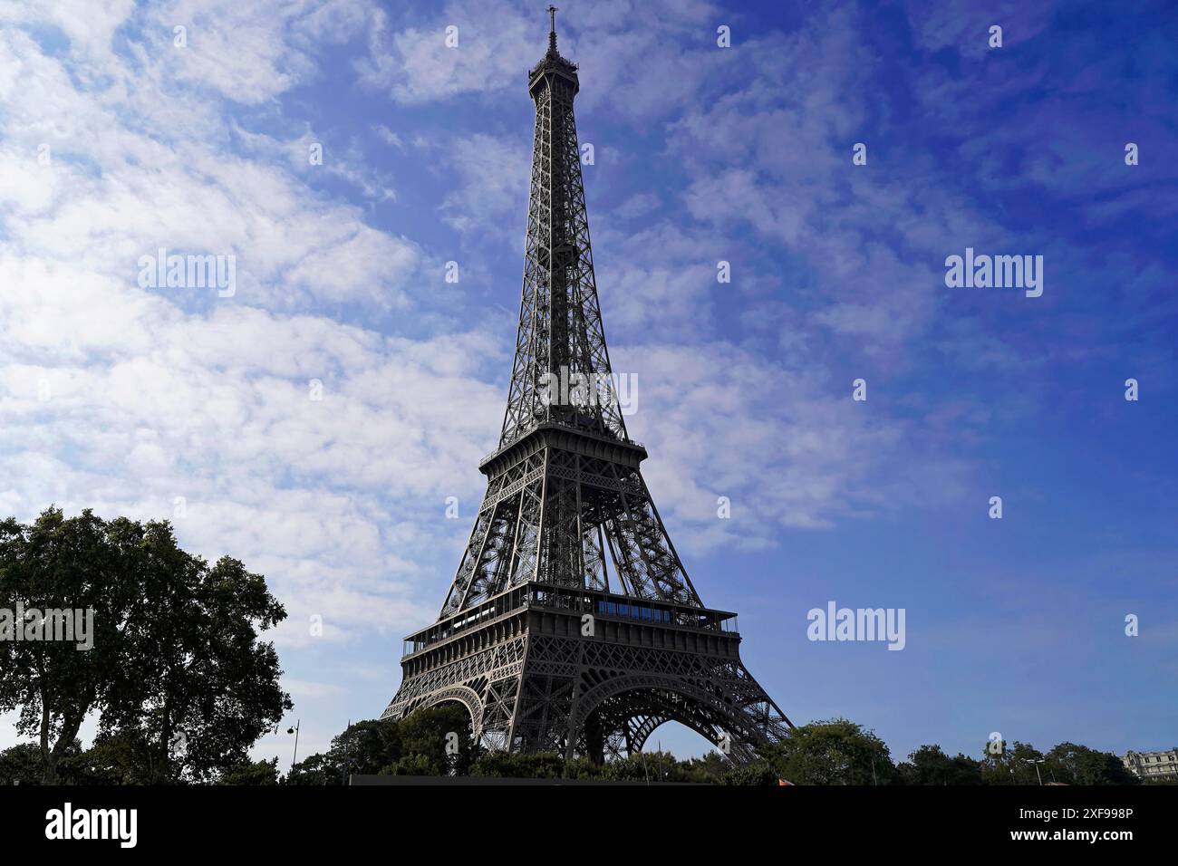 Torre Eiffel, punto di riferimento di Parigi, Francia, Europa, il famoso simbolo parigino, la Torre Eiffel, si innalza maestosamente nel cielo, circondato dal verde Foto Stock