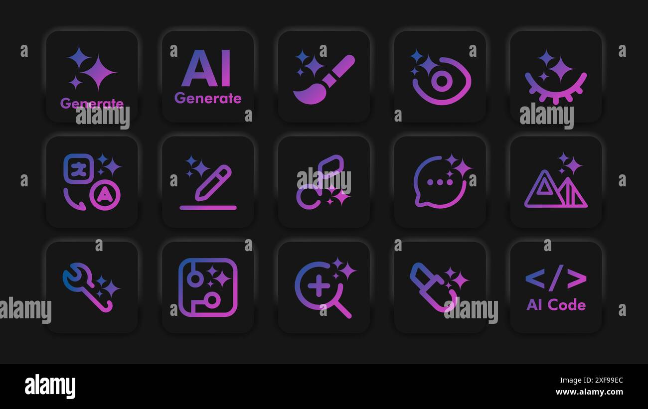 Set di pulsanti ai generativi per il design neumorfico. Raccolta di futuristici pulsanti UX soft UI con semplici elementi a icone. Risorsa da utilizzare per Web, app Illustrazione Vettoriale