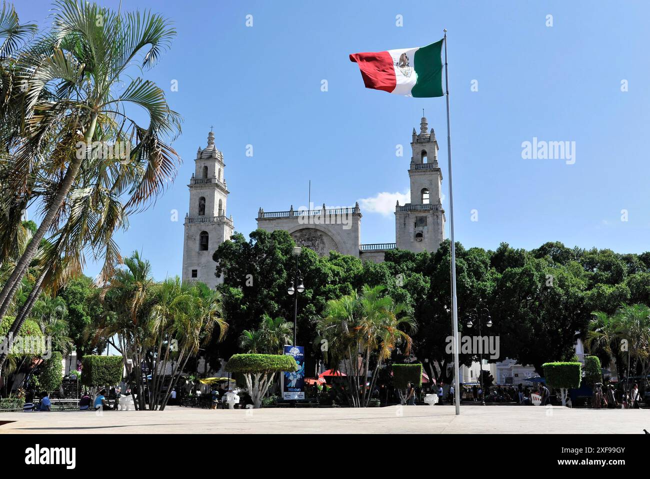 Merida, Yucatan, Messico, America centrale, Cattedrale con bandiera messicana su una piazza soleggiata con palme Foto Stock