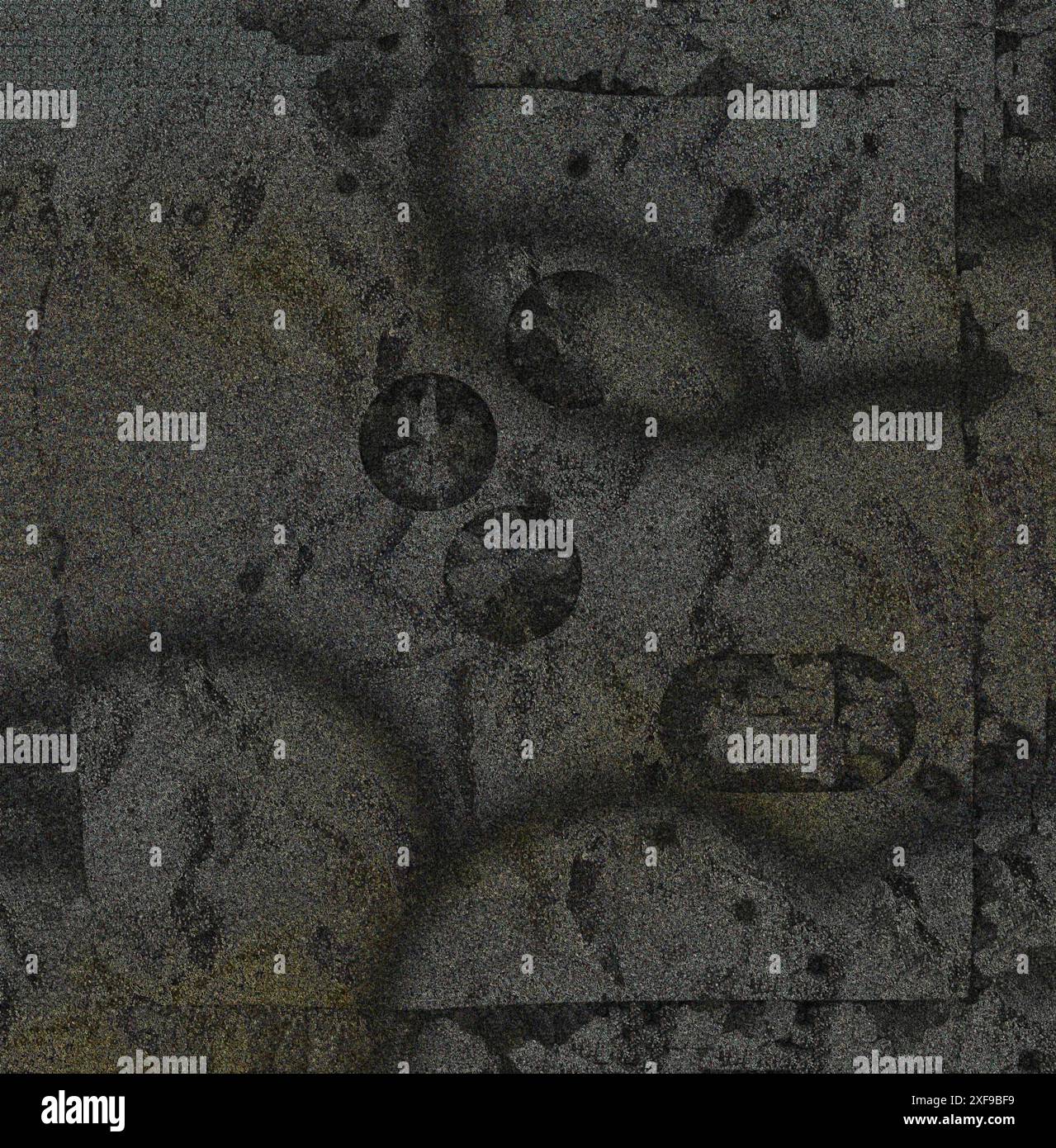 Arte astratta dalle texture scure con forme geometriche e cerchi in un'atmosfera misteriosa e ombrosa Foto Stock