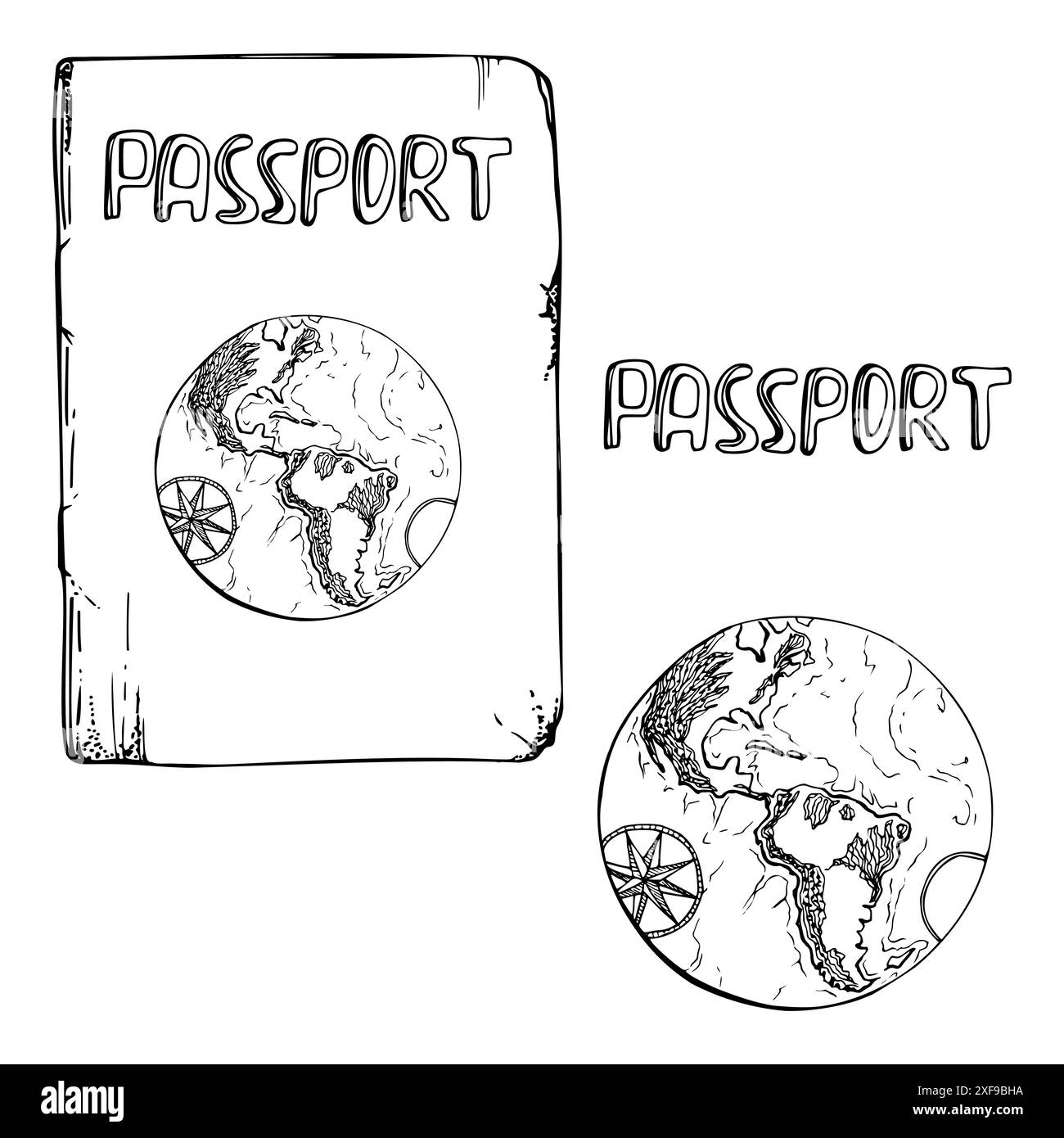 Documento di identità internazionale con passaporto con lettere d'oro e globo. Immagine disegnata a mano con inchiostro vettoriale di un oggetto isolato. Progettare per Illustrazione Vettoriale