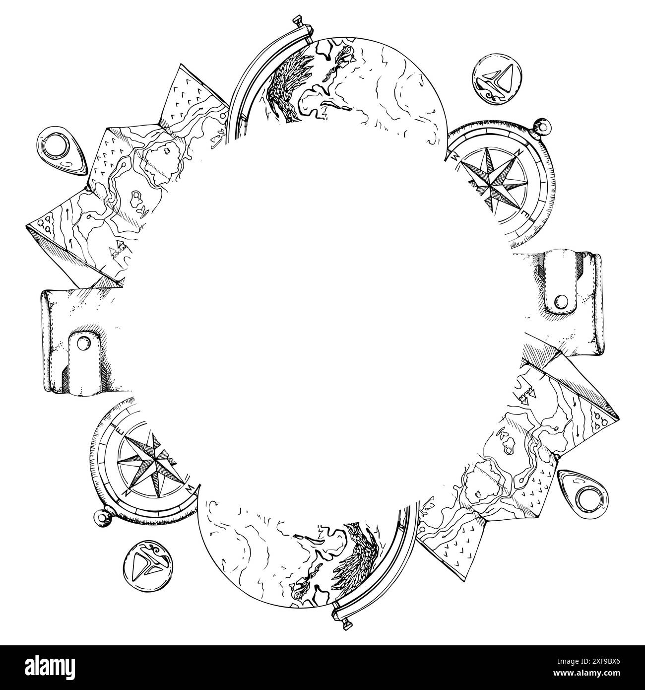 Accessori turistici, chiave valigia valigia, matraccio sottovuoto, macchina fotografica, mappamondo. Immagine disegnata a mano con inchiostro vettoriale. Telaio della corona tonda. Turismo Illustrazione Vettoriale