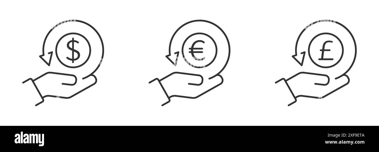 Icone cashback. Restituire denaro. Tenere la moneta a mano. Simboli di dollaro, euro, sterlina. Icona business. Illustrazione vettoriale piatta. Illustrazione Vettoriale