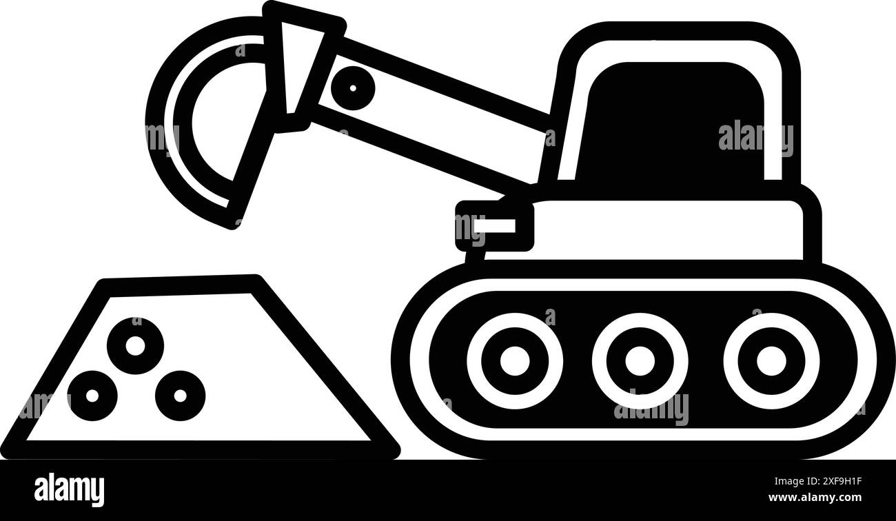 Un disegno bianco e nero di un veicolo da costruzione con una grande paletta sulla parte anteriore. Concetto di duro lavoro e determinazione, poiché la macchina è pronta per l'uso Illustrazione Vettoriale