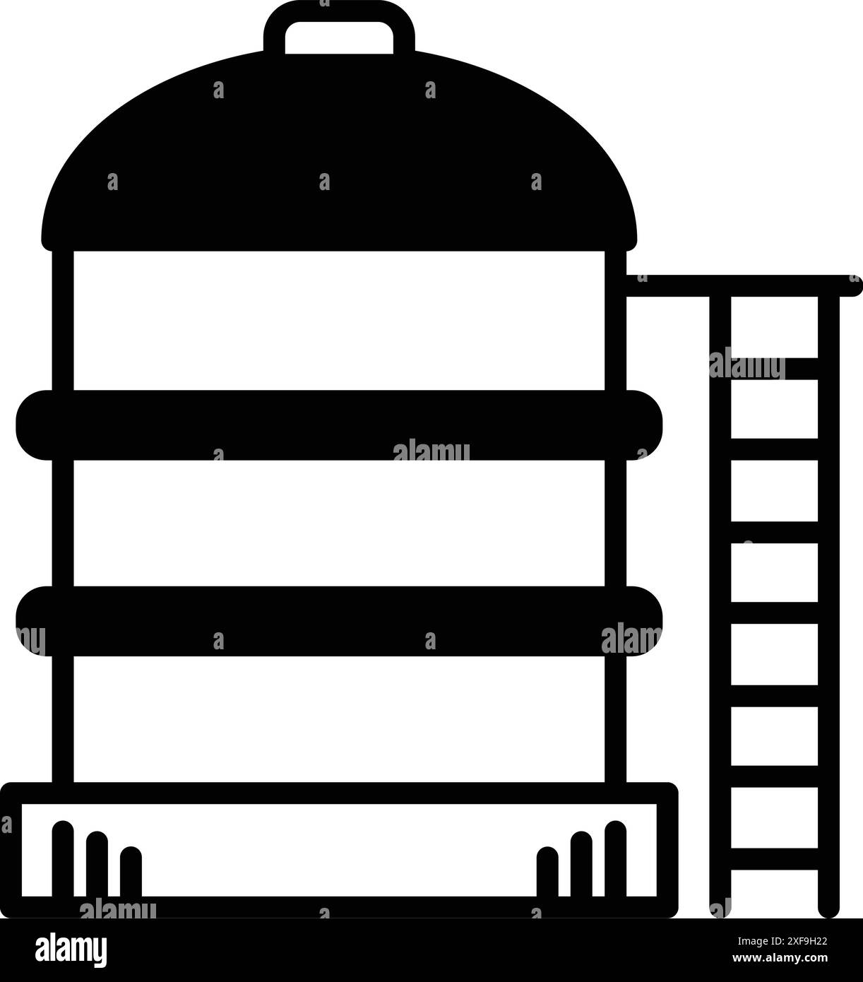 Un disegno in bianco e nero di un grande serbatoio con una scala che lo porta verso l'alto. Il serbatoio è alto e ha una parte superiore a cupola Illustrazione Vettoriale