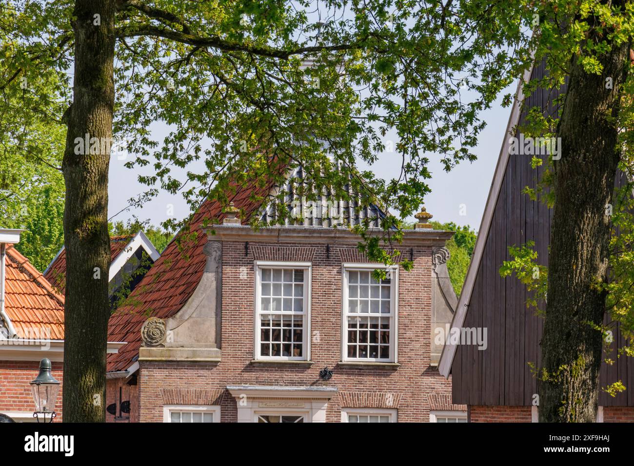 Scena di strada con case storiche, tetti visibili e alberi verdi, ootmarsum, Paesi Bassi Foto Stock