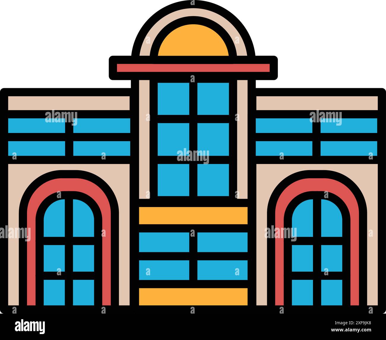 Un grande edificio con un grande arco e molte finestre. L'edificio è bianco e nero Illustrazione Vettoriale