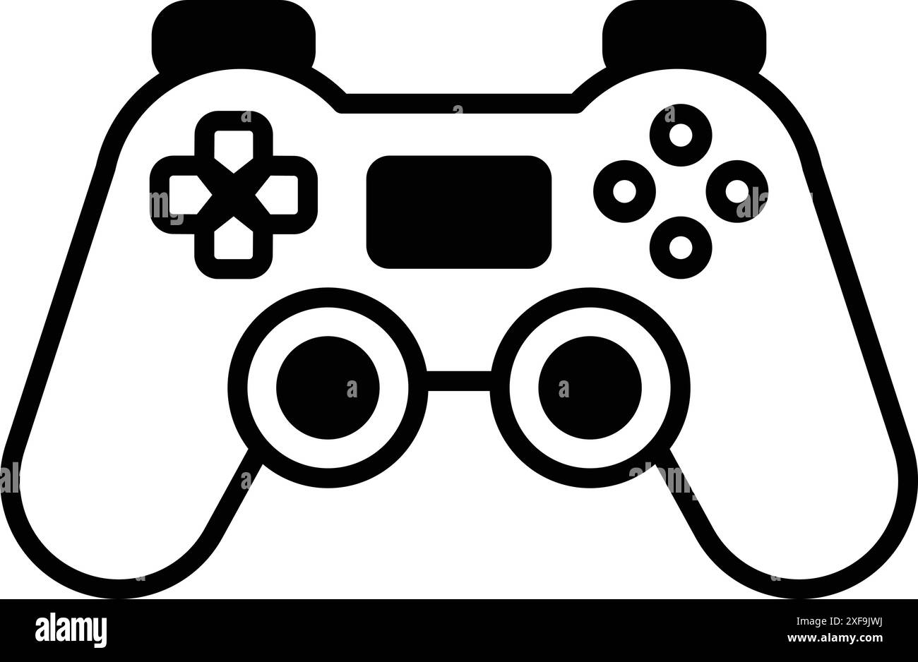 Un'immagine in bianco e nero di un controller per videogiochi. Il controller ha una combinazione di colori in bianco e nero ed è progettato per assomigliare a un paio di occhiali. Illustrazione Vettoriale