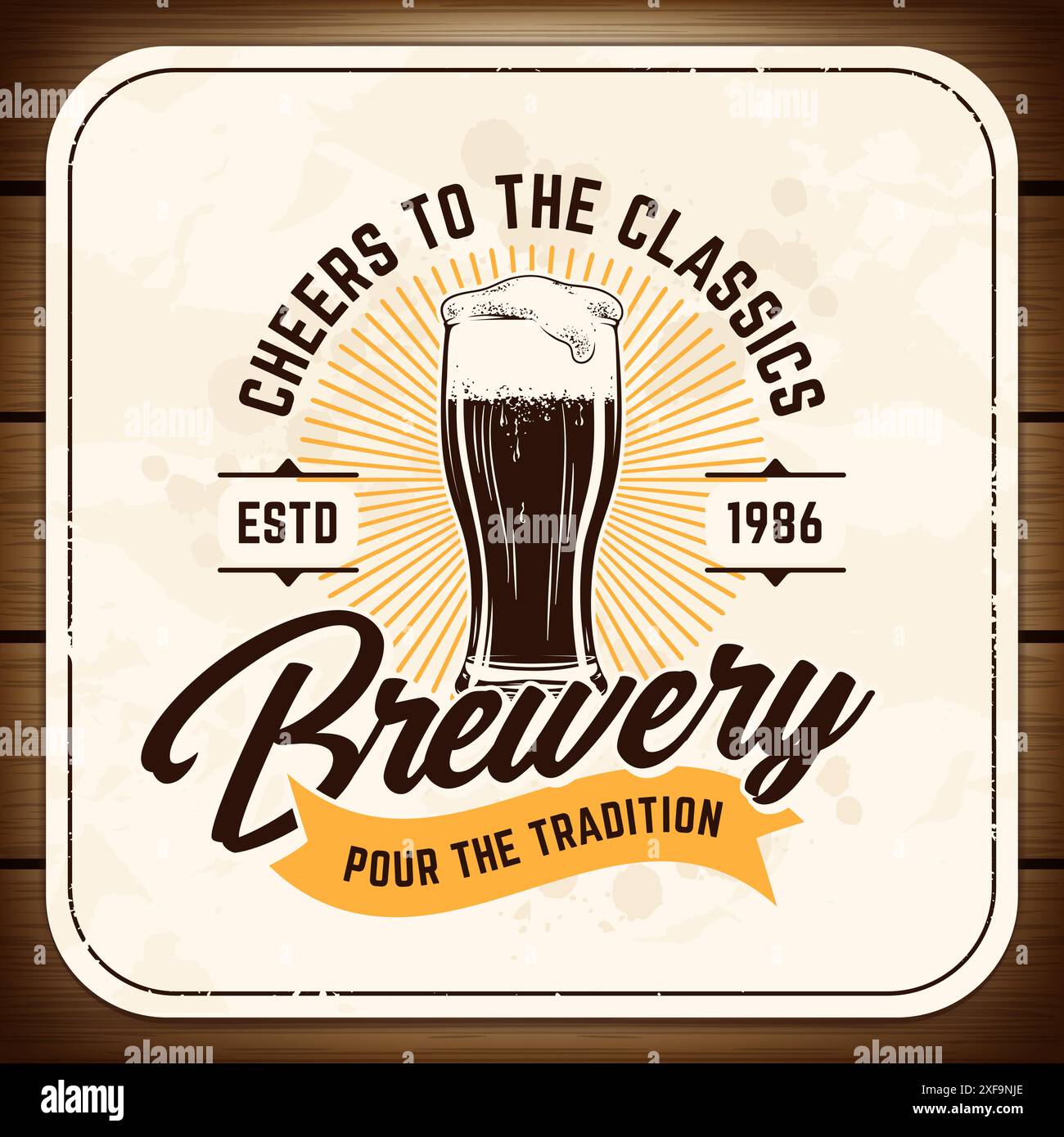 Emblema della birra in stile retrò con tipografia e pinta di stout. Design Beermat. Grafica vettoriale. Illustrazione Vettoriale