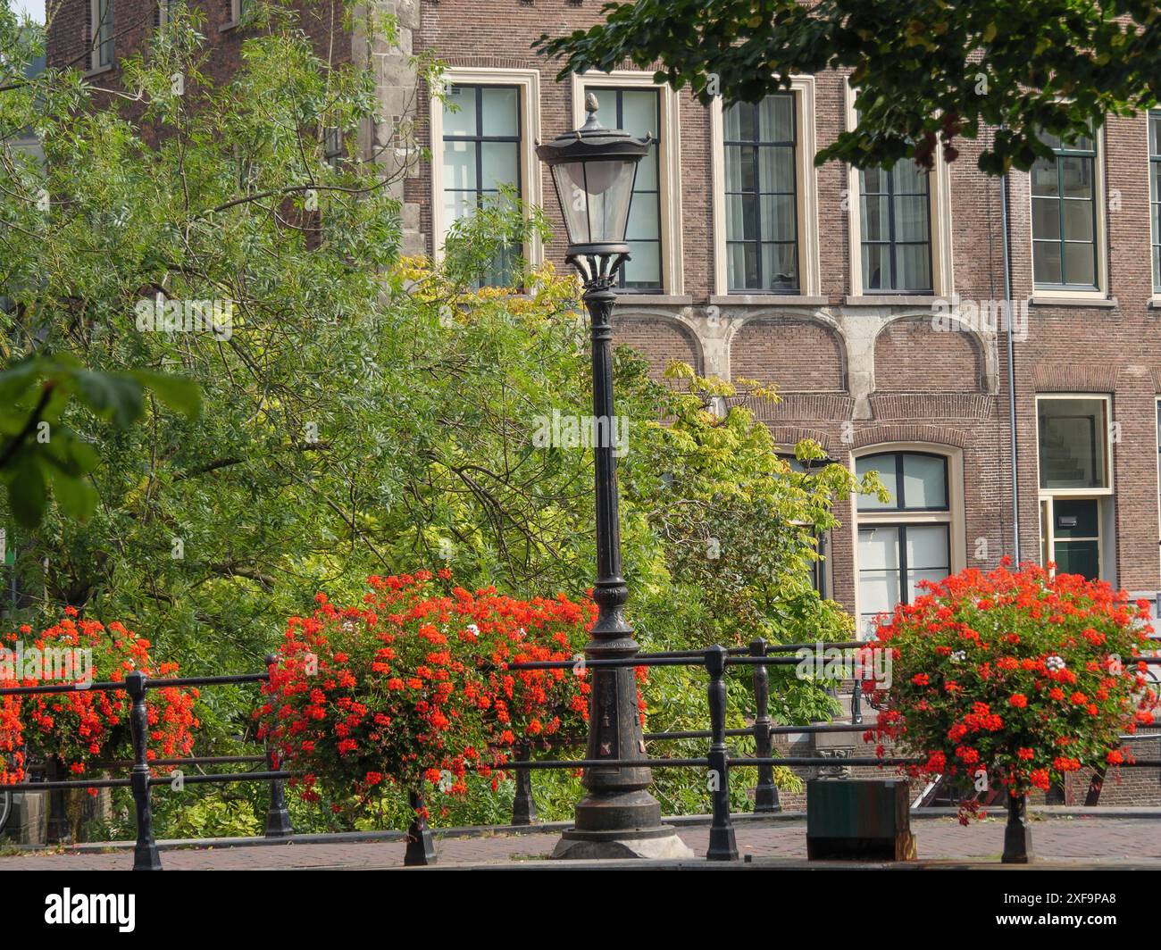 Lampioni e fiori fioriti di fronte a un edificio in mattoni con alberi verdi dietro, utrecht, paesi bassi Foto Stock