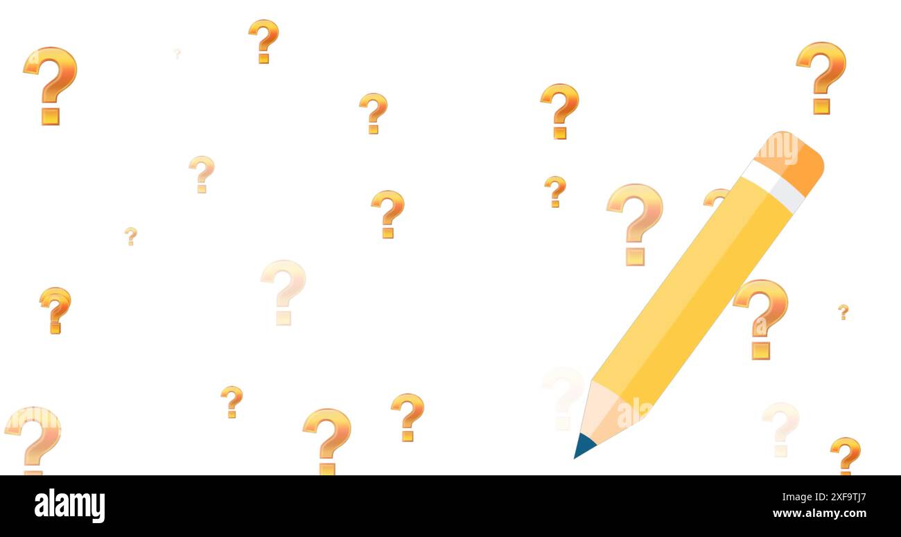 Immagine dell'icona a forma di matita e punti interrogativi su sfondo bianco Foto Stock