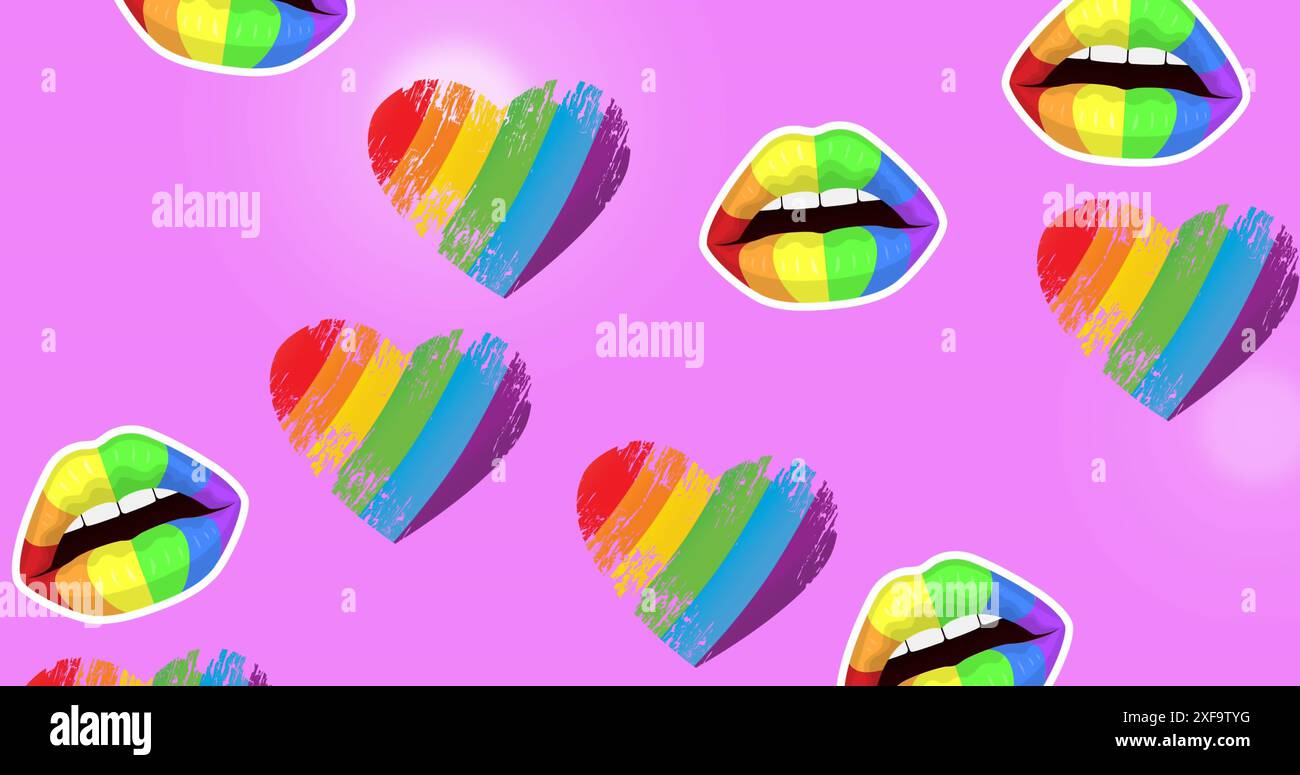 Immagine di cuori e bocche lqbtqi su lente che si infiammano su sfondo rosa Foto Stock