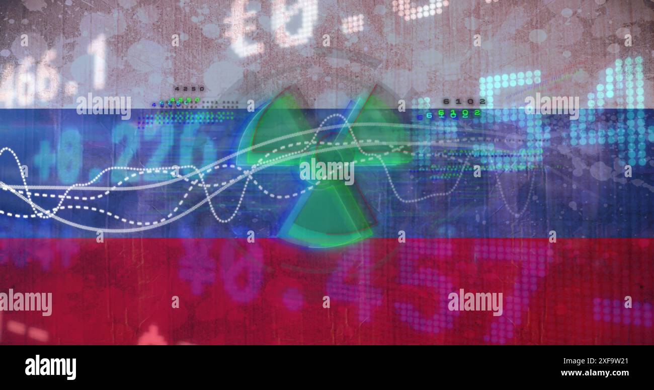 Immagine di più grafici e numeri con l'icona della ventola sopra la bandiera nazionale russa Foto Stock