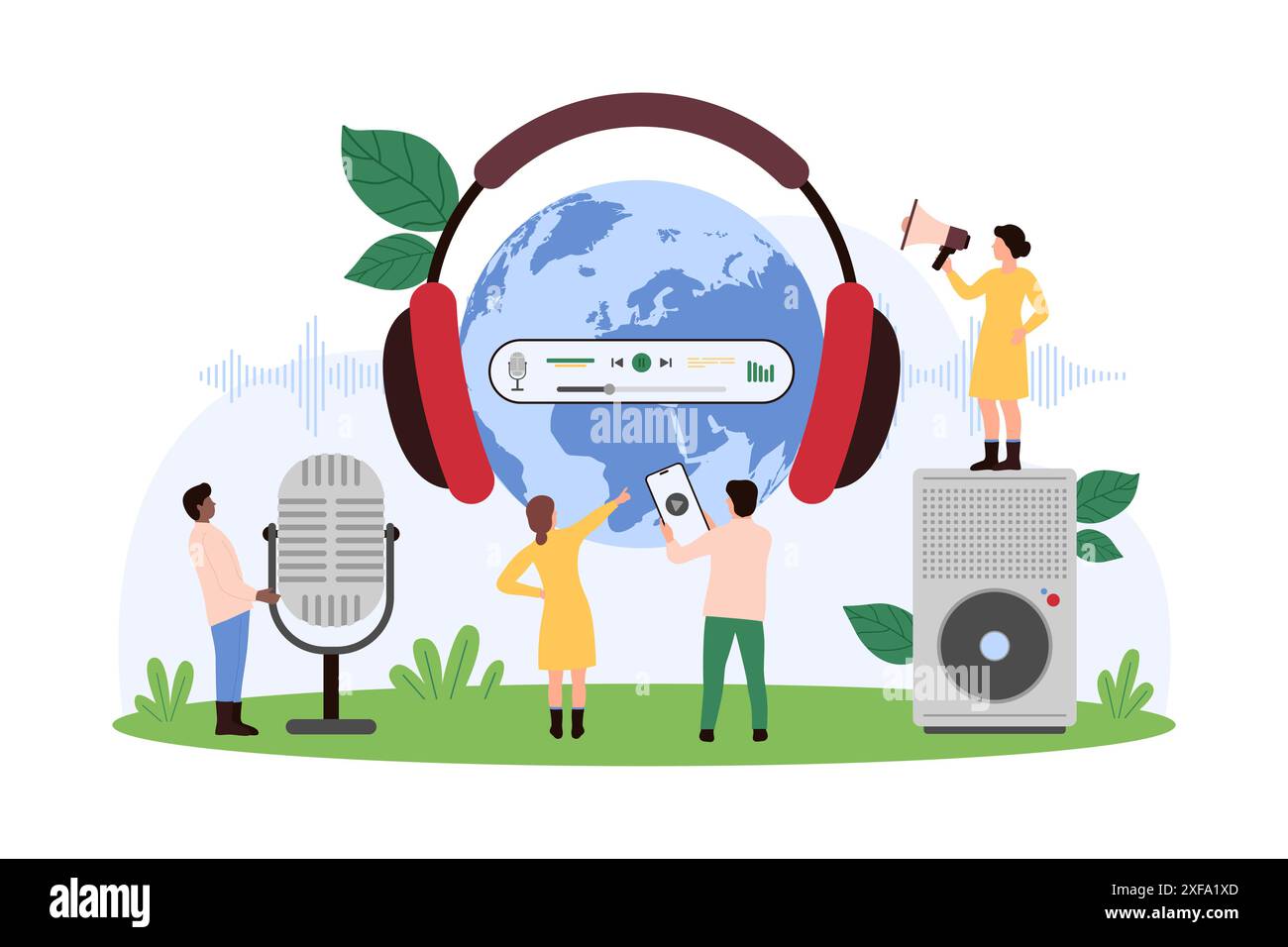 Trasmissione radiofonica internazionale, DJ online, canale musicale su Internet. Le persone più piccole con app mobile nel telefono e nel microfono ascoltano l'audio, il globo terrestre con grandi cuffie illustrazioni vettoriali dei cartoni animati Illustrazione Vettoriale