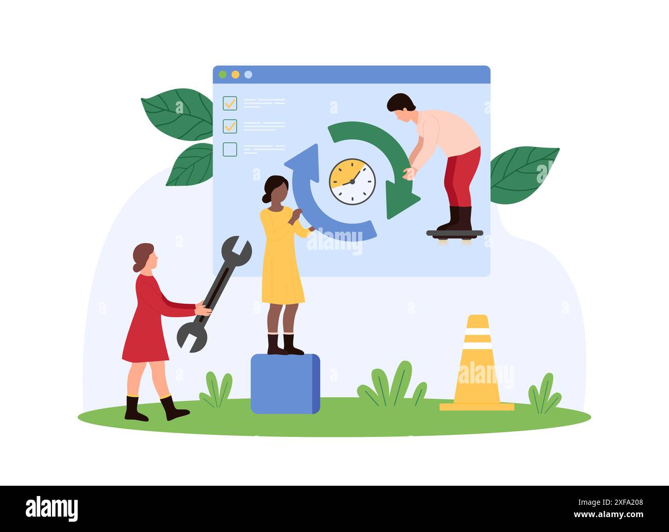 Aggiornamento della pagina Web, download dei dati, ricarica delle informazioni e avanzamento della sincronizzazione. Piccole persone del servizio di manutenzione con frecce circolari di ricarica del sistema nell'illustrazione vettoriale del cartone animato della finestra del browser Illustrazione Vettoriale