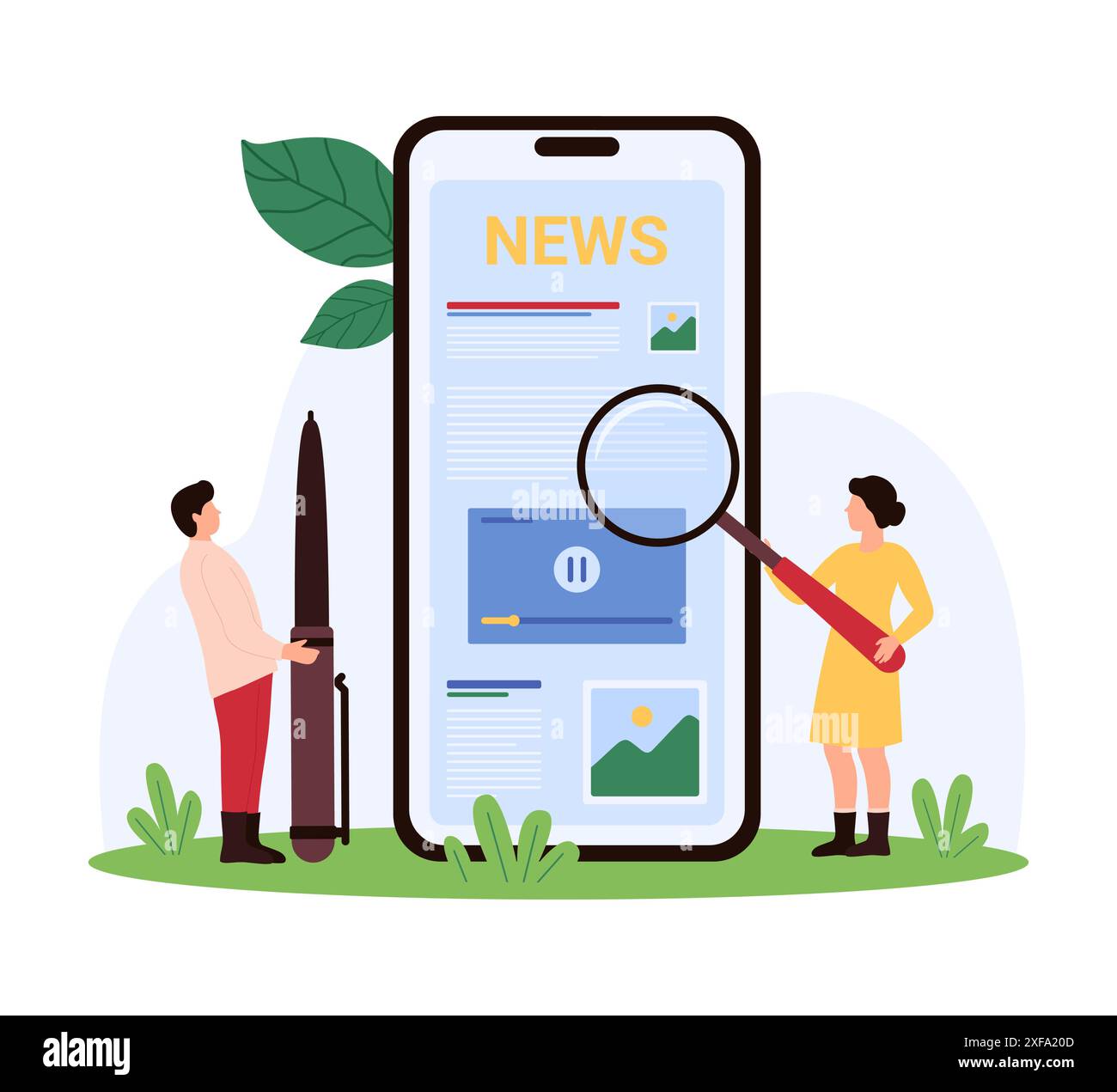 Leggere notizie online, analisi di blog sui social media e recensioni in app mobile, giornalismo. Tiny People Research article, newsletter sullo schermo dello smartphone con illustrazione vettoriale di cartoni animati in lente d'ingrandimento Illustrazione Vettoriale