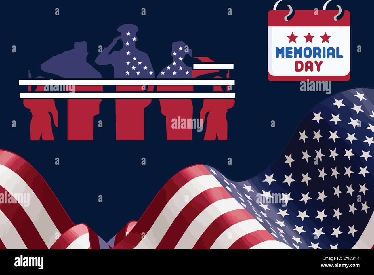 Memorial Day. Illustrazione soldato con bandiera americana. Illustrazione Vettoriale