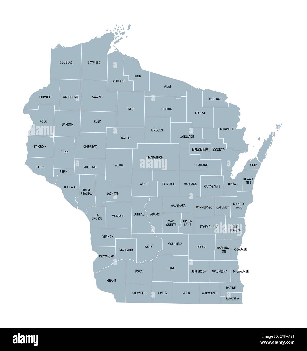 Contee del Wisconsin, mappa politica grigia. Uno stato della regione dei grandi Laghi, nell'Upper Midwest degli Stati Uniti, suddiviso in 72 contee. Foto Stock