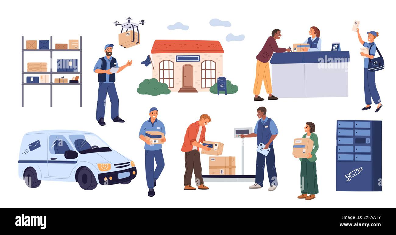 Visitatori nell'ufficio postale. Le persone ricevono e inviano lettere. I corrieri postali hanno pesato e spedito le scatole dei pacchi. Corriere in uniforme. Servizio di consegna. Mailma Illustrazione Vettoriale