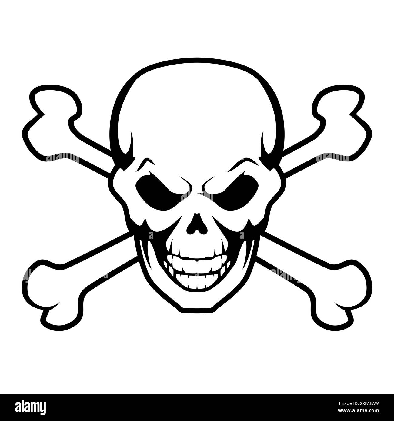 cranio e ossa incrociate, tatuaggio vettoriale bianco e nero, illustrazione del cranio umano con ossa incrociate, isolato su bianco Illustrazione Vettoriale