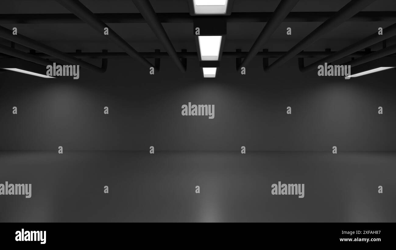 rendering 3d di una stanza vuota con luci accese e una rete di tubi sul soffitto. Foto Stock