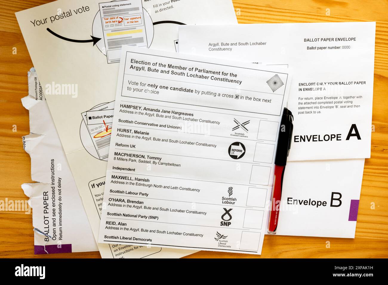 Dichiarazione di voto postale o scheda elettorale per Argyll, Bute e South Lochaber per le elezioni generali nel Regno Unito per votare in un membro del Parlamento Foto Stock
