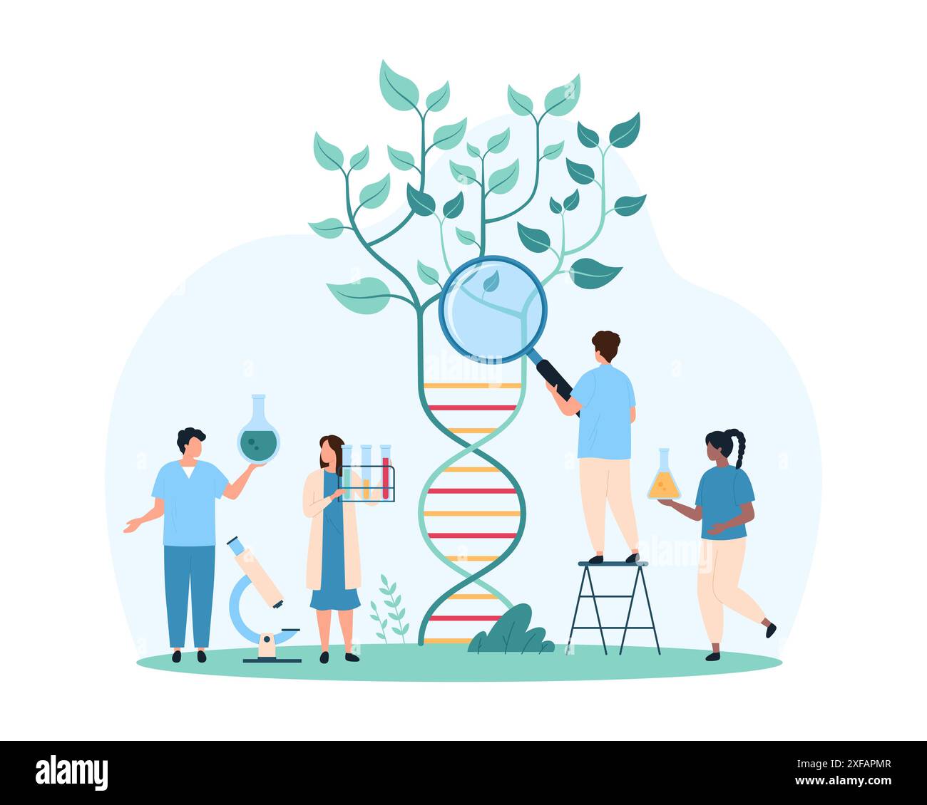 Biotecnologia, ricerca genetica per l'agricoltura e l'agronomia. Piccole persone con lente d'ingrandimento studiano il genoma della pianta che cresce dall'elica del DNA, i geni dell'illustrazione vettoriale del germoglio verde Illustrazione Vettoriale