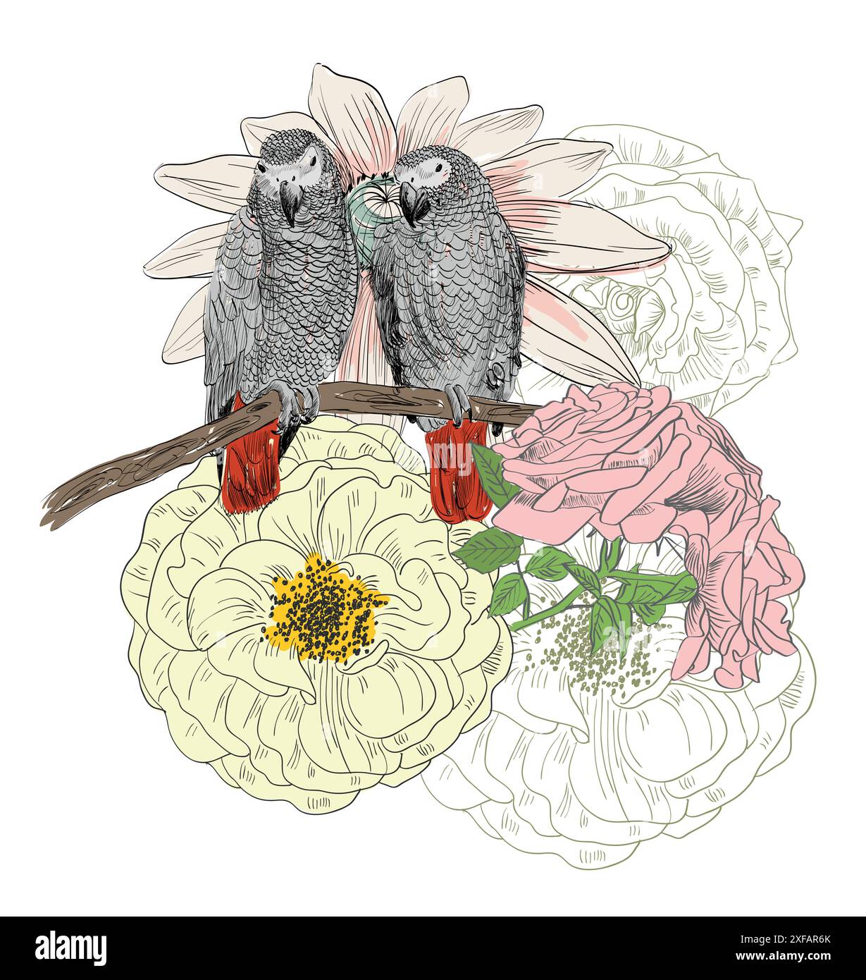 Schizzo di vettore di un pappagallo con fiori. Disegnata a mano illustrazione Illustrazione Vettoriale