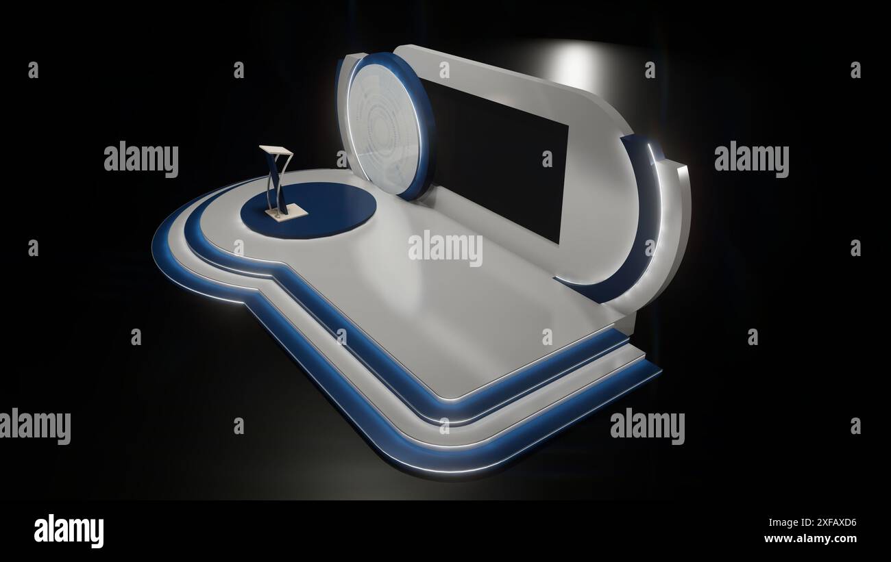 Rendering 3D del palco visto in alto a destra con un tema curvo blu e bianco, c'è un podio, schermo LED, area per i materiali in base all'evento Foto Stock