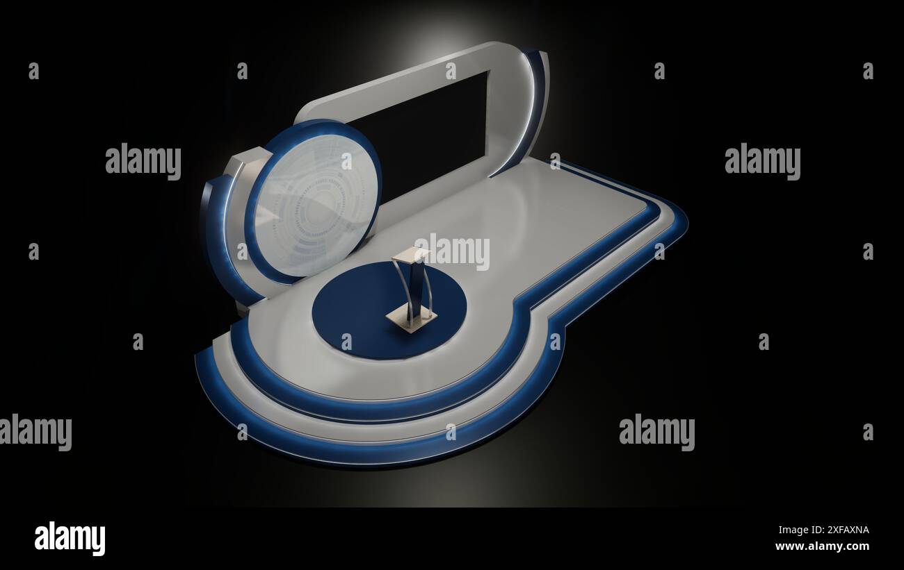 Rendering 3D del palco, vista dall'alto a sinistra con tema curvo e schermo LED sulla parete Foto Stock