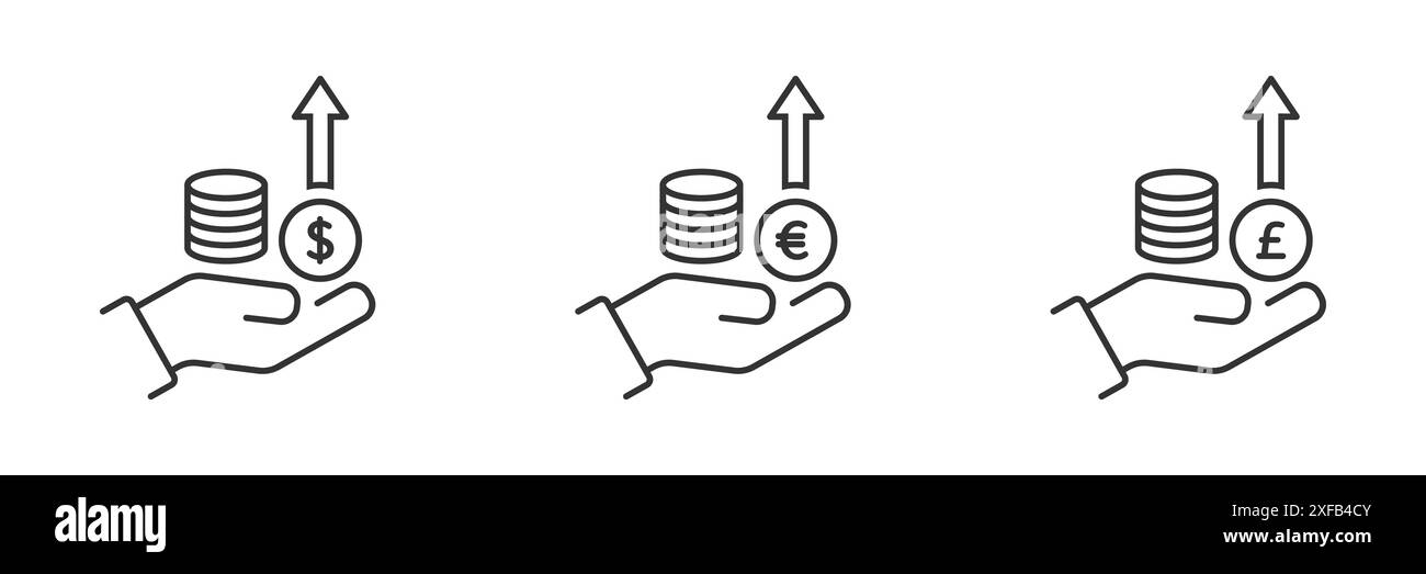 Pittogramma del denaro in mano. Icona di crescita del denaro. Monete in mano. Simboli di dollaro, euro, sterlina. Icona business. Illustrazione vettoriale lineare. Illustrazione Vettoriale