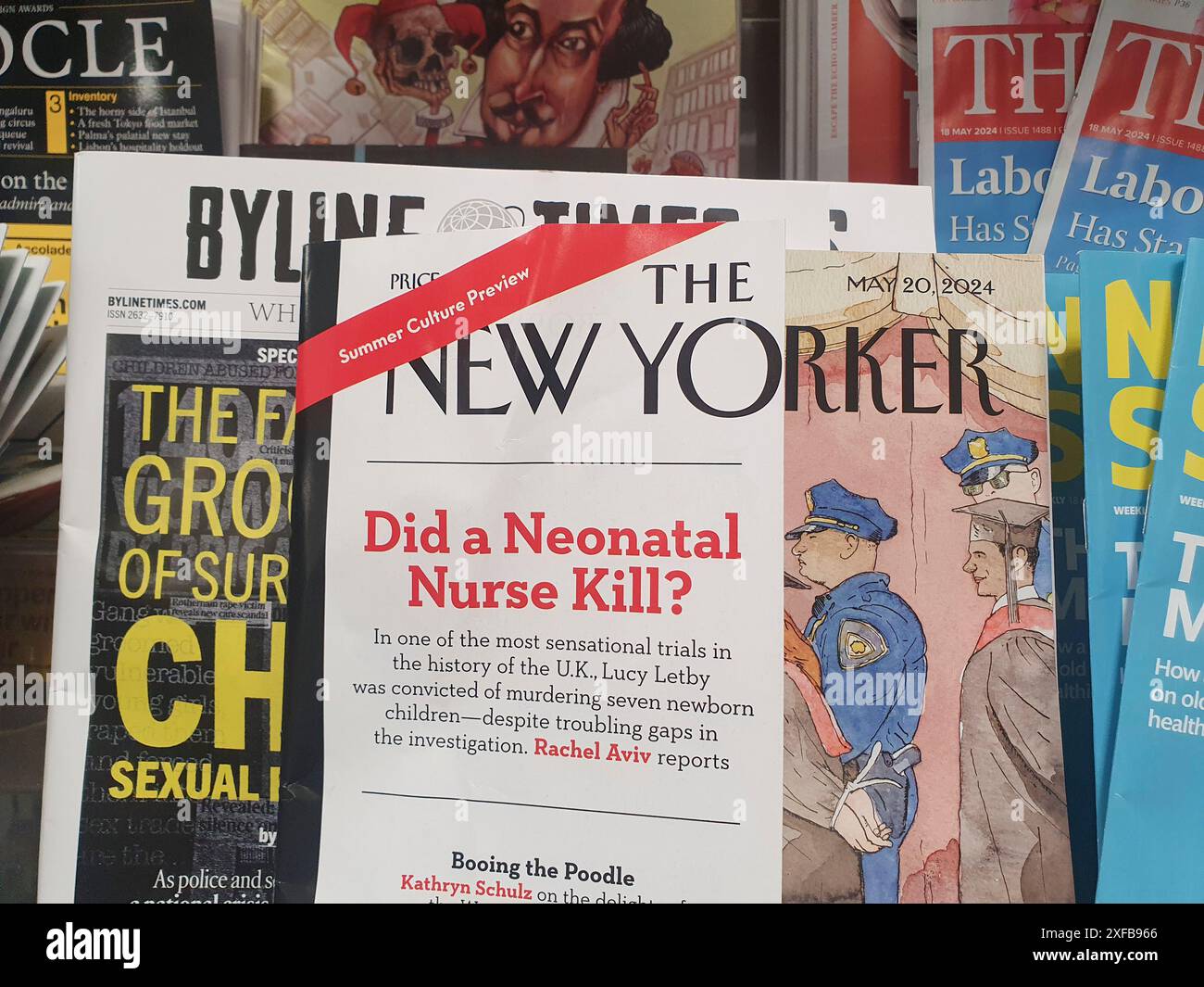 Manchester, Regno Unito, 2 luglio 2024: L'infermiera Lucy Letby è stata condannata per un'ulteriore accusa di tentato omicidio dopo un nuovo processo. Mentre il caso era in corso, il disprezzo per le restrizioni imposte dalla corte significava che un articolo sulla rivista New Yorker che metteva in discussione la validità del processo originale non poteva essere condiviso o menzionato dai media britannici. L'articolo è stato pubblicizzato nel feed X della rivista, ma facendo clic sul collegamento viene visualizzato un messaggio di errore perché l'articolo era geo-bloccato. Gli abbonati del Regno Unito potevano leggerlo sull'app della rivista e la rivista era disponibile anche negli stand di notizie del Regno Unito. Foto Stock