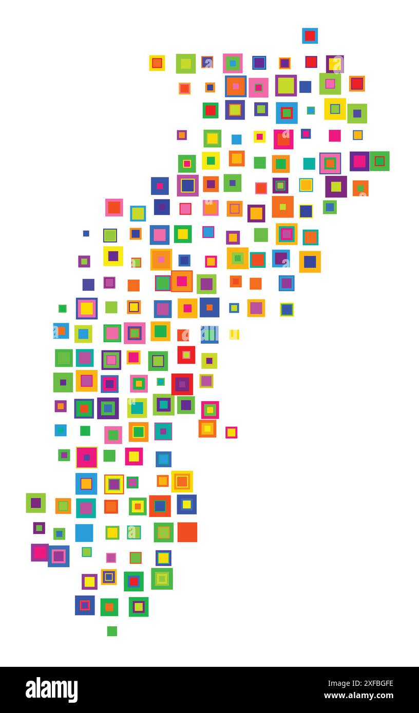 Mappa dei simboli dello Stato di Chhattisgarh (India). Mappa astratta che mostra lo stato/provincia con un modello di quadrati colorati sovrapposti come caramelle Illustrazione Vettoriale