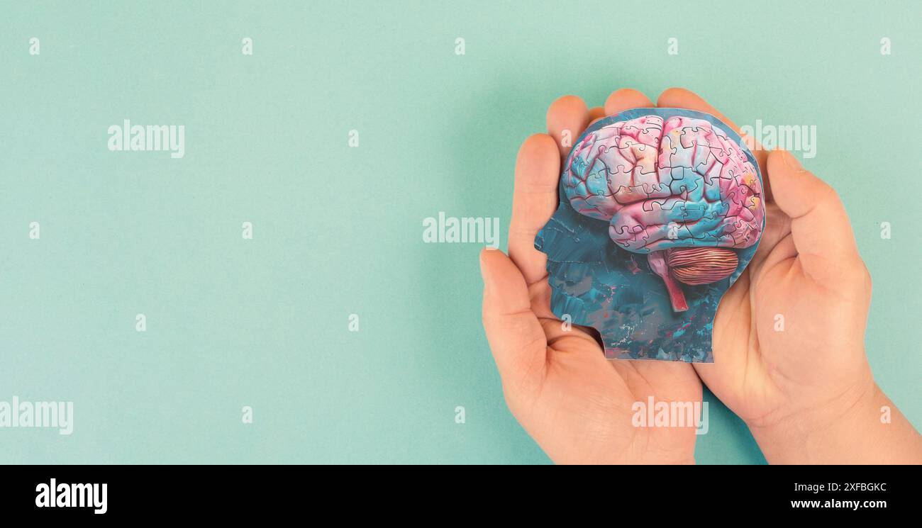 Giorno di consapevolezza Alzheimer, diagnosi di demenza, morbo di Parkinson, ADHD, disturbo della perdita di memoria, cervello con pezzi di puzzle, mente danneggiata Foto Stock