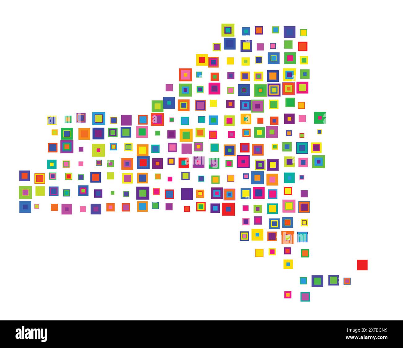 Mappa simbolo dello Stato di New York (Stati Uniti d'America). Mappa astratta che mostra lo stato con un modello di quadrati colorati sovrapposti come candie Illustrazione Vettoriale