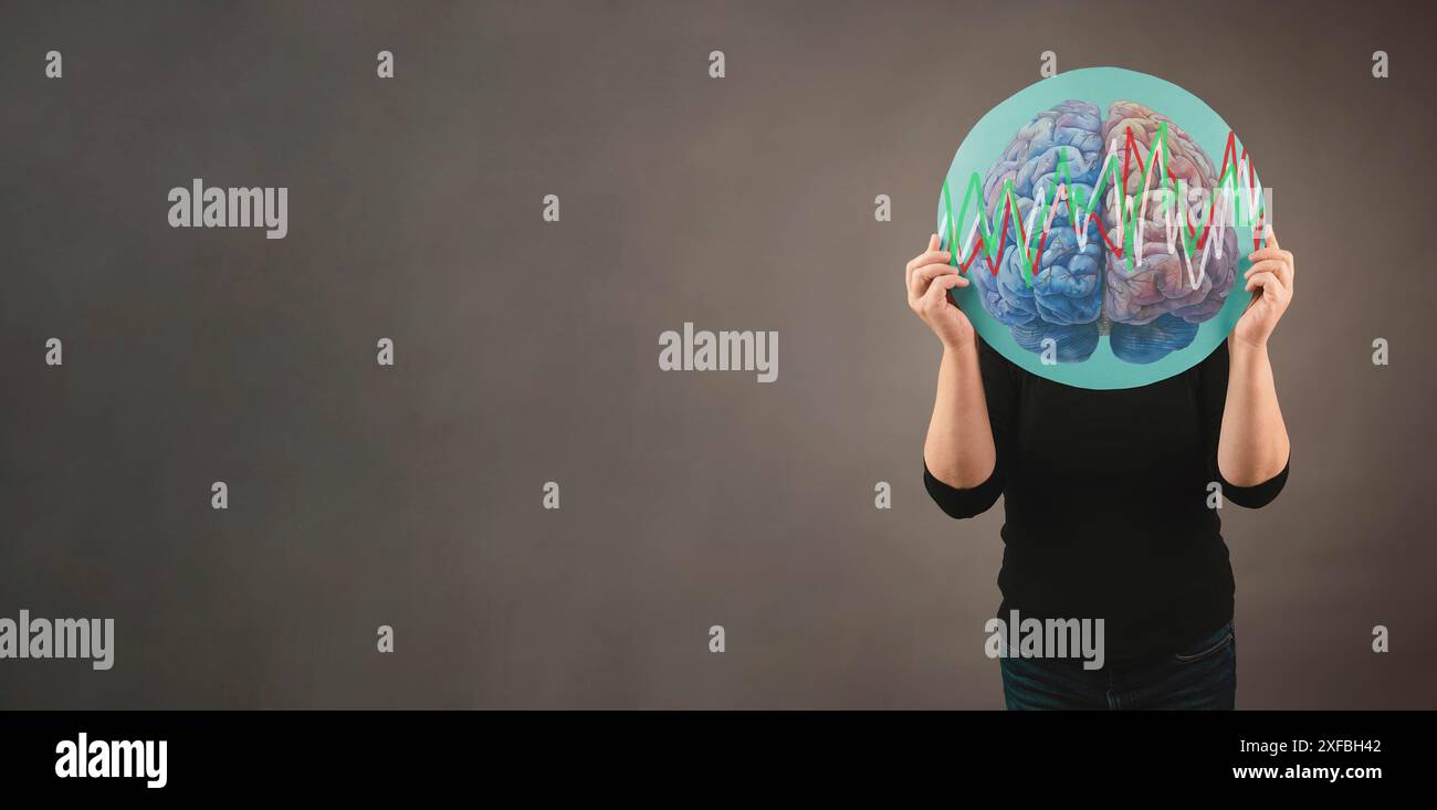 Epilessia, cervello con convulsioni, EEG, attività elettrica della mente, consapevolezza di alzheimer, diagnosi di demenza, morbo di Parkinson, disturbo di perdita di memoria Foto Stock