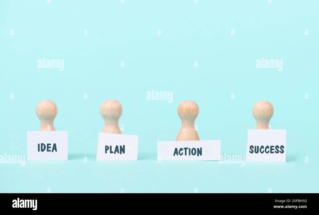 Idea, piano, azione e successo, fase successiva in corso, nuovo obiettivo e strategia, visione di un obiettivo, concetto di business Foto Stock