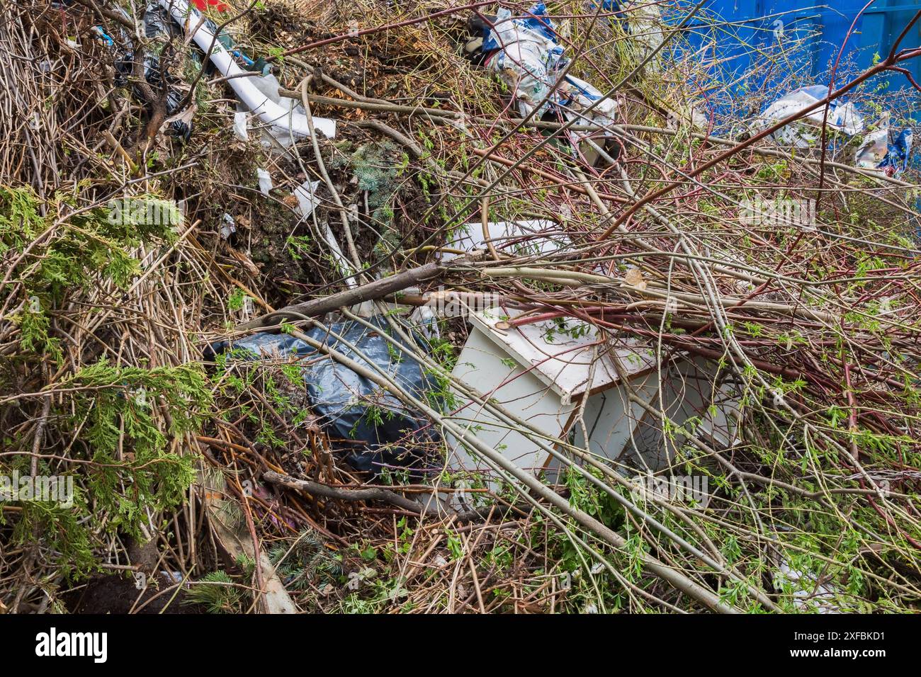 Mucchio di rami di alberi decidui e di conifere tagliati e segati, sacchetti di plastica e mobili in legno presso il deposito di riciclaggio all'aperto, Quebec Foto Stock