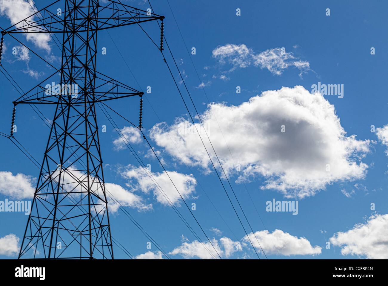 Linee di alimentazione contro l'angolo basso del cielo blu Foto Stock