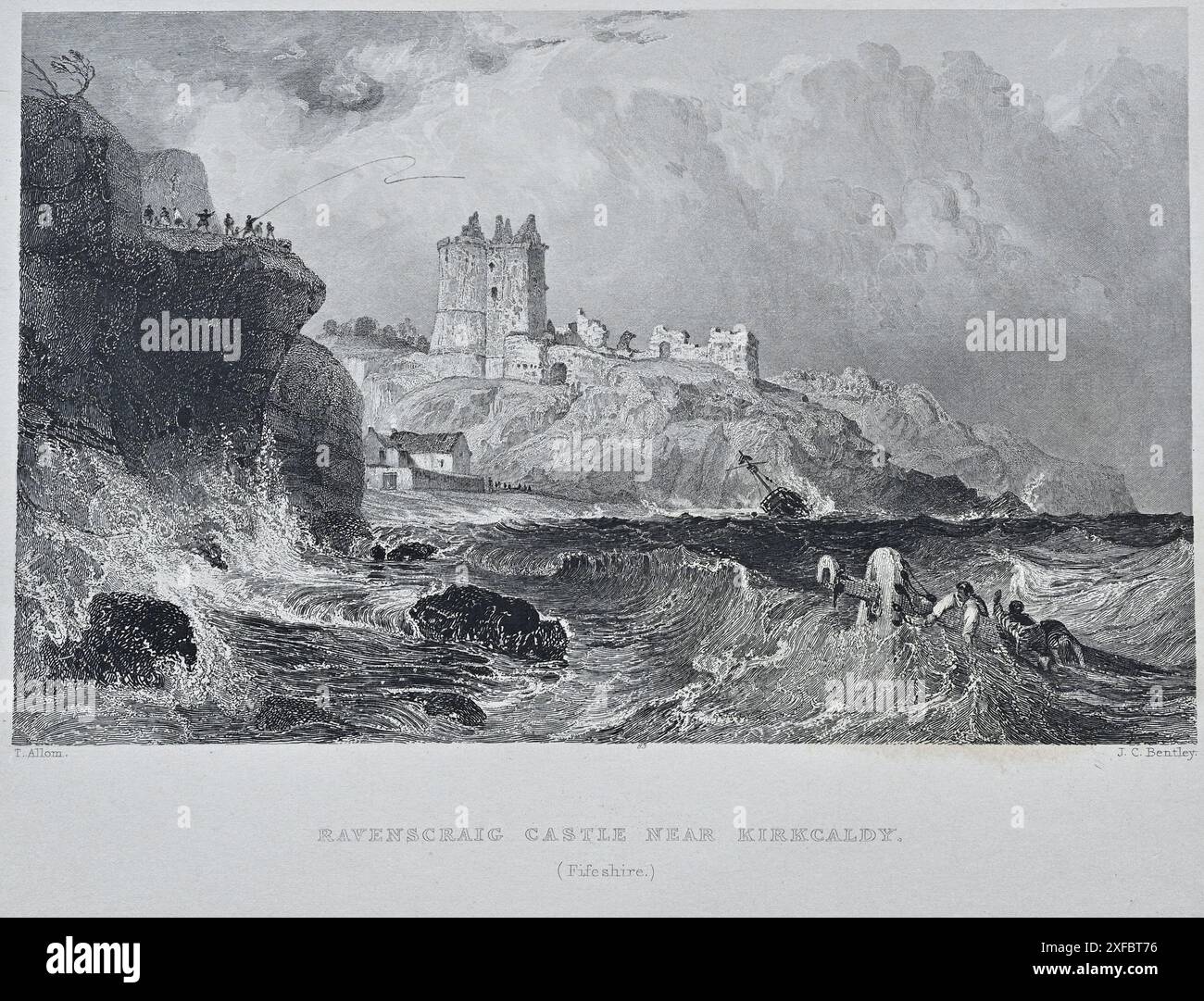 Ravenscraig Castle Kirkcaldy, Scozia, incisione vintage del 1839 Foto Stock