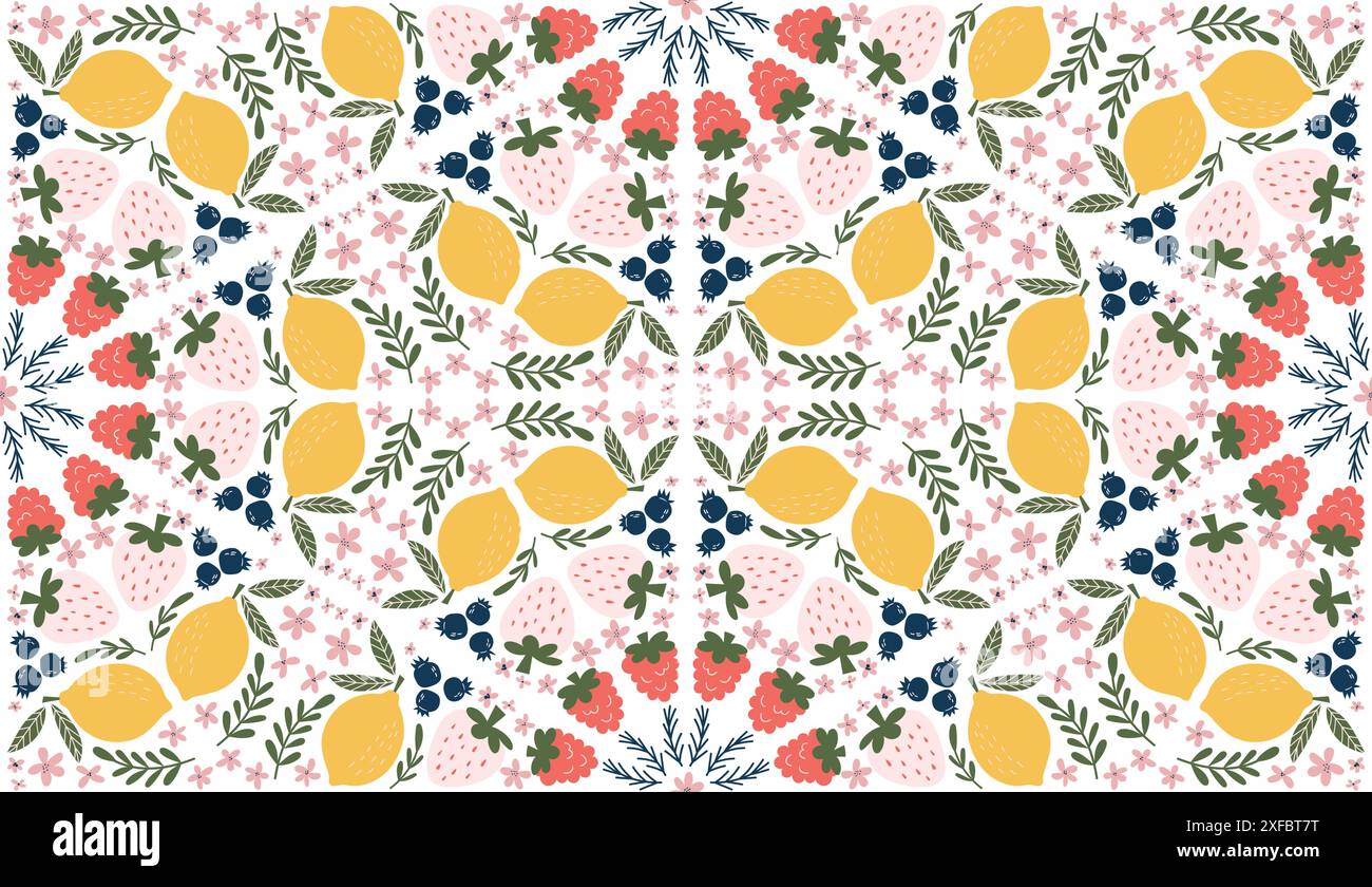 Allegro motivo senza cuciture con illustrazioni di limoni, lamponi, mirtilli, fragole bianche, fiori rosa, e foglie verdi, disposte in un design a forma di diamante. Moderno stile vettoriale organico con colori piatti. Illustrazione Vettoriale