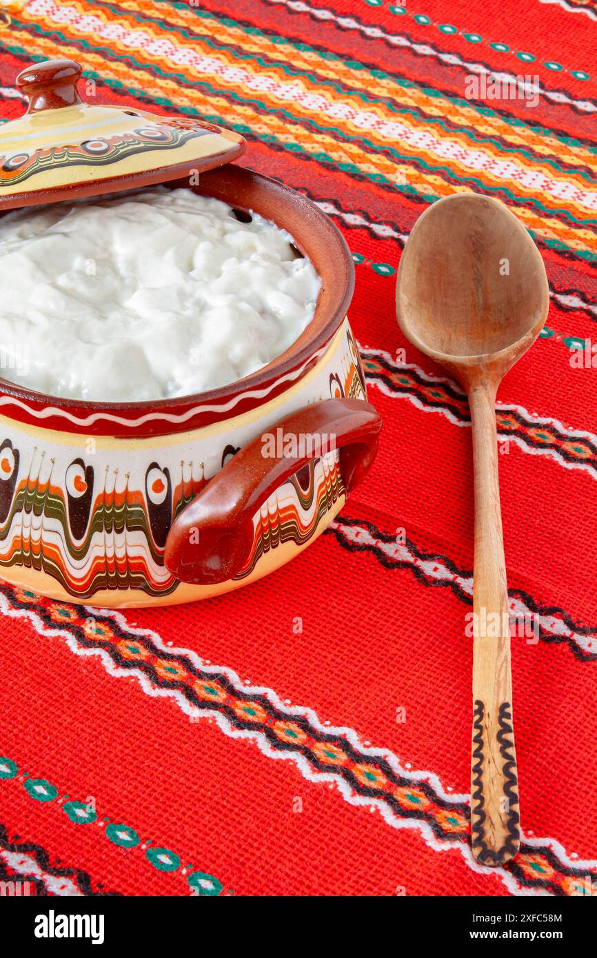 Yogurt bulgaro tradizionale a base di latte di pecora o di mucca e lievito naturale. Messa a fuoco selettiva con profondità di campo ridotta. Foto Stock