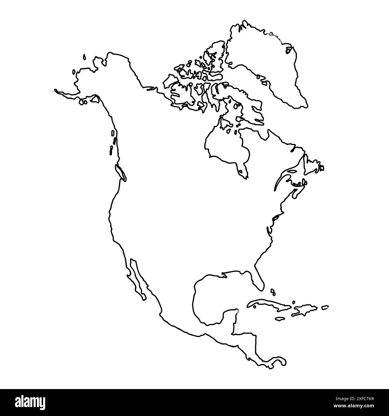 Mappa disegnata a mano in Nord America, sagoma del continente, contorni stilizzati, linea nera. Illustrazione Vettoriale