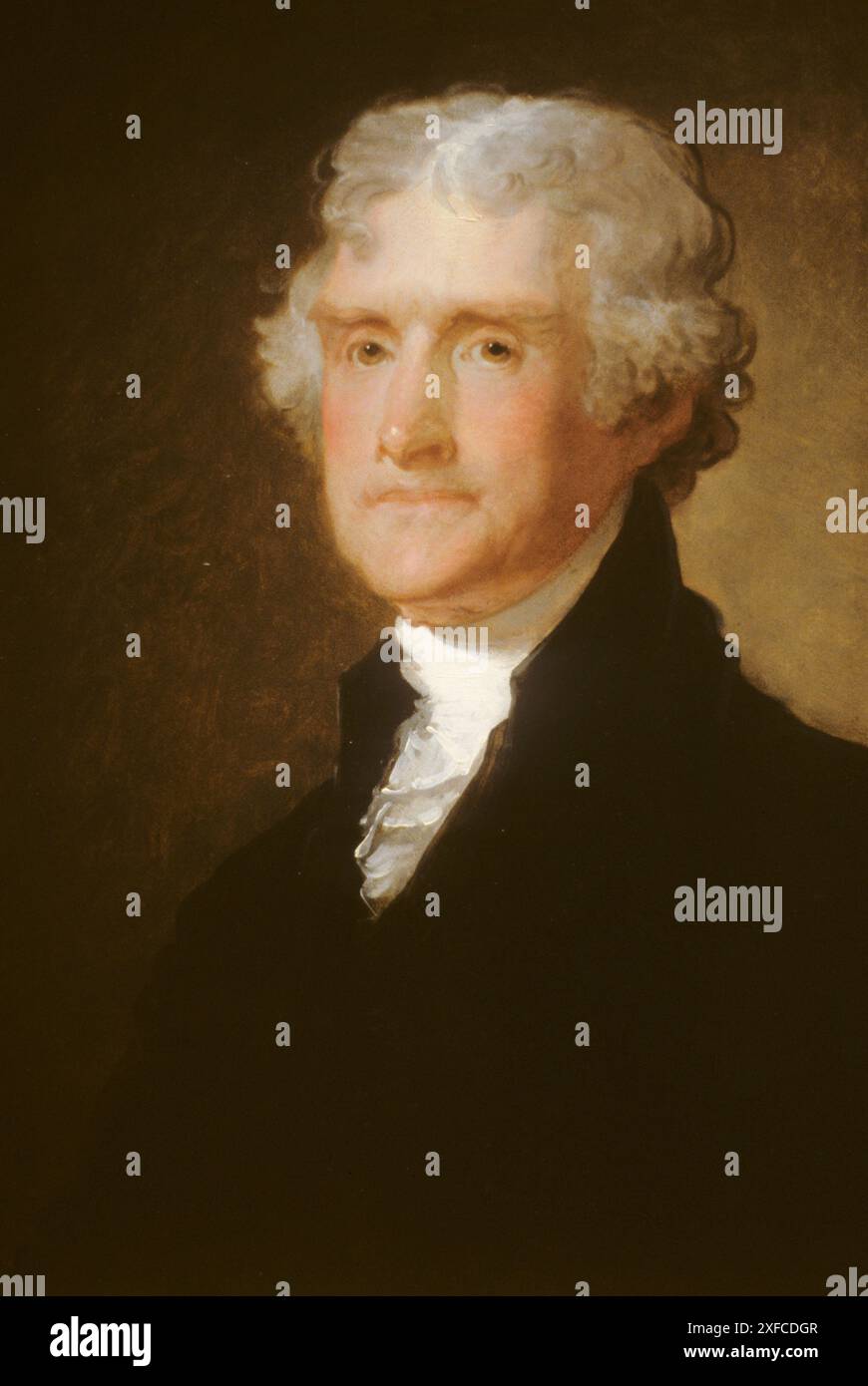 Thomas Jefferson (1743-1826) Dritter Präsident der Vereinigten Staaten 1801-1809. Farblithografie eines Halbporträts von Jefferson am Schreibtisch sitzend, ca. 1845. Nach einem Porträt von Matthew Harris Jouett (ca. 17887-1827). Foto Stock