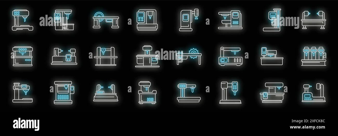 Le icone della macchina CNC impostano il vettore di contorno. Centralina fresa. Colore neon strumento router su nero Illustrazione Vettoriale