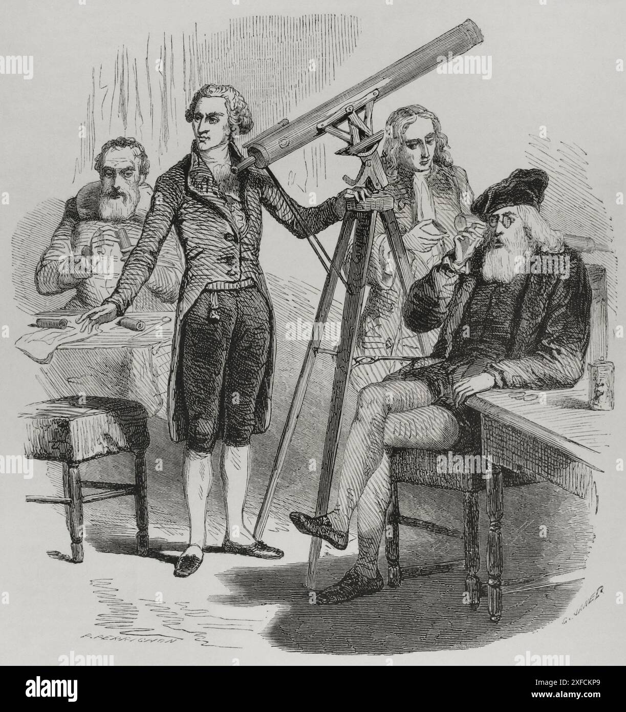 Astrologia e astronomia. Zacharias Janssen (1585-1632) e le sue lenti, Galileo Galilei (1564-1642) e i suoi occhiali, Isaac Newton (1642-1727) e William Herschel (1738-1822) con i loro telescopi. Disegno di G. Janet. Incisione di P. Perrichon. "Los Héroes y las Grandezas de la Tierra" (gli eroi e i magnifici della Terra). Volume VIII. 1856. Foto Stock