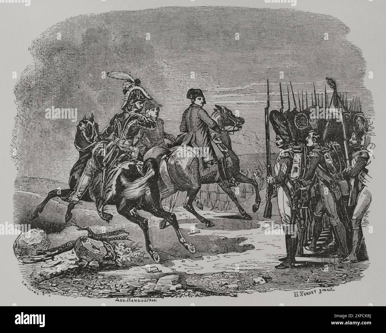 Battaglia di Jena (14 ottobre 1806). L'esercito francese al comando di Napoleone sconfisse le truppe prussiane comandate da Federico Guglielmo III di Prussia. Napoleone i alla battaglia di Jena. Napoleone rivede la Guardia Imperiale. La scena raffigura Napoleone che assiste al saluto di un granatiere della Guardia Imperiale. Murat viene mostrato dietro di lui. Incisione di Williams dopo un dipinto di Horace Vernet. "Los Héroes y las Grandezas de la Tierra" (gli eroi e i magnifici della Terra). Volume VIII. 1856. Foto Stock